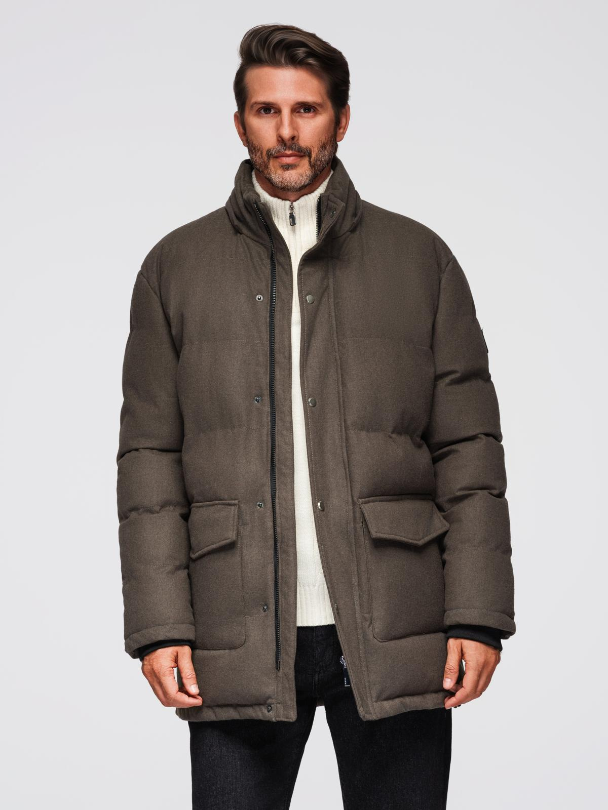 Ombre Men&#039;s long warm parka jacket with wool - dark grey melange