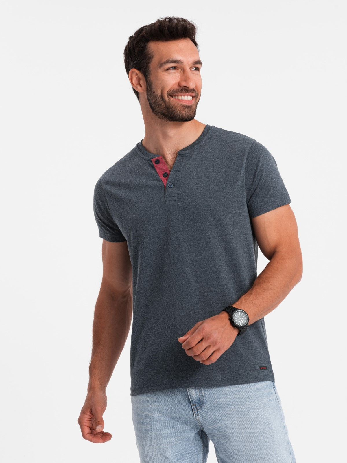 Ombre Men's T-shirt with unbuttoned round henley neckline - navy blue
