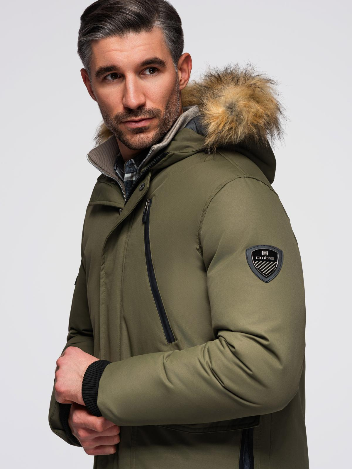 Ombre Alaskan men's winter jacket with detachable fur from the hood - dark olive green
