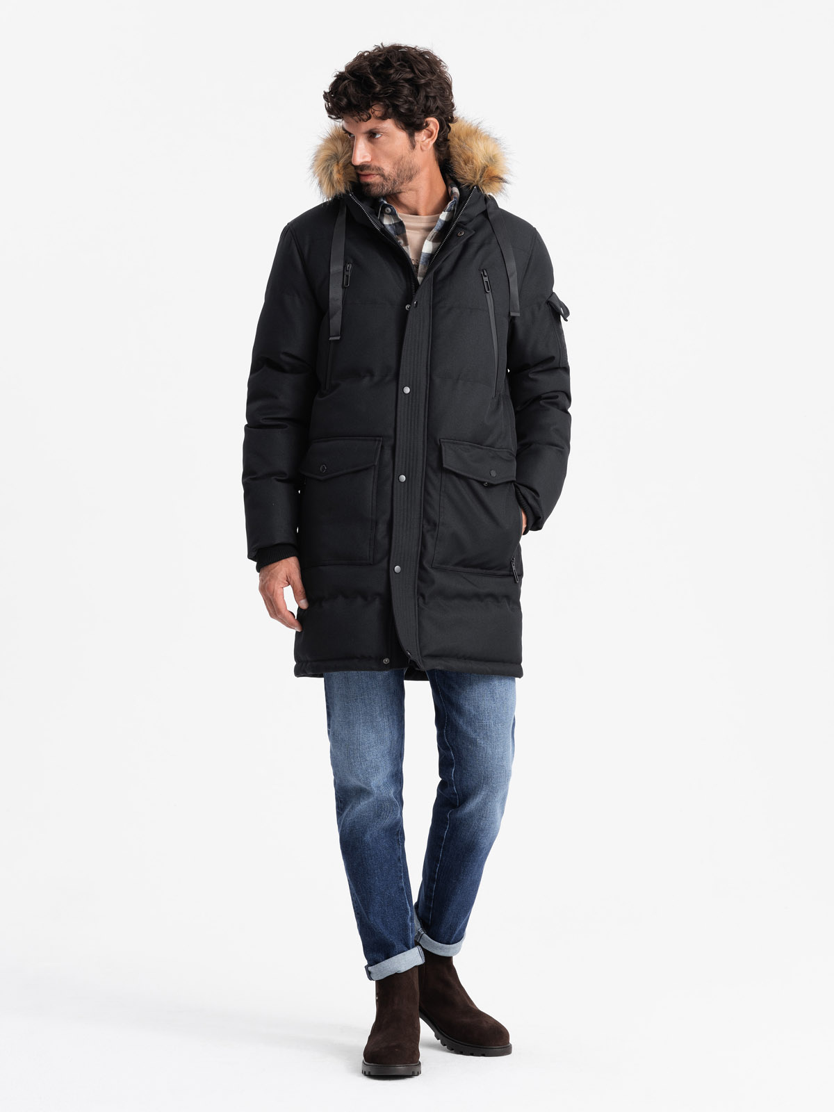 Ombre Men's long warm parka jacket with hood - black