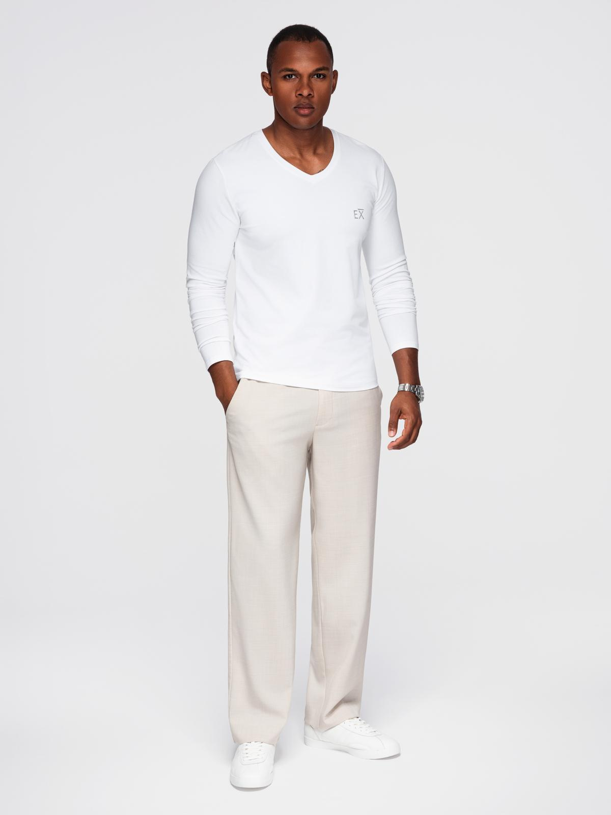 Ombre Men's V-neck SLIM FIT longsleeve with elastane and print - white