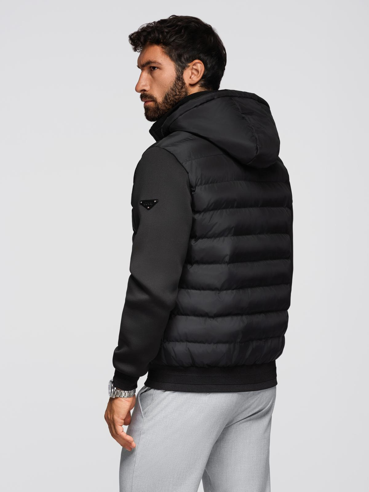 Ombre Quilted bomber jacket with hood and knitted sleeves - black