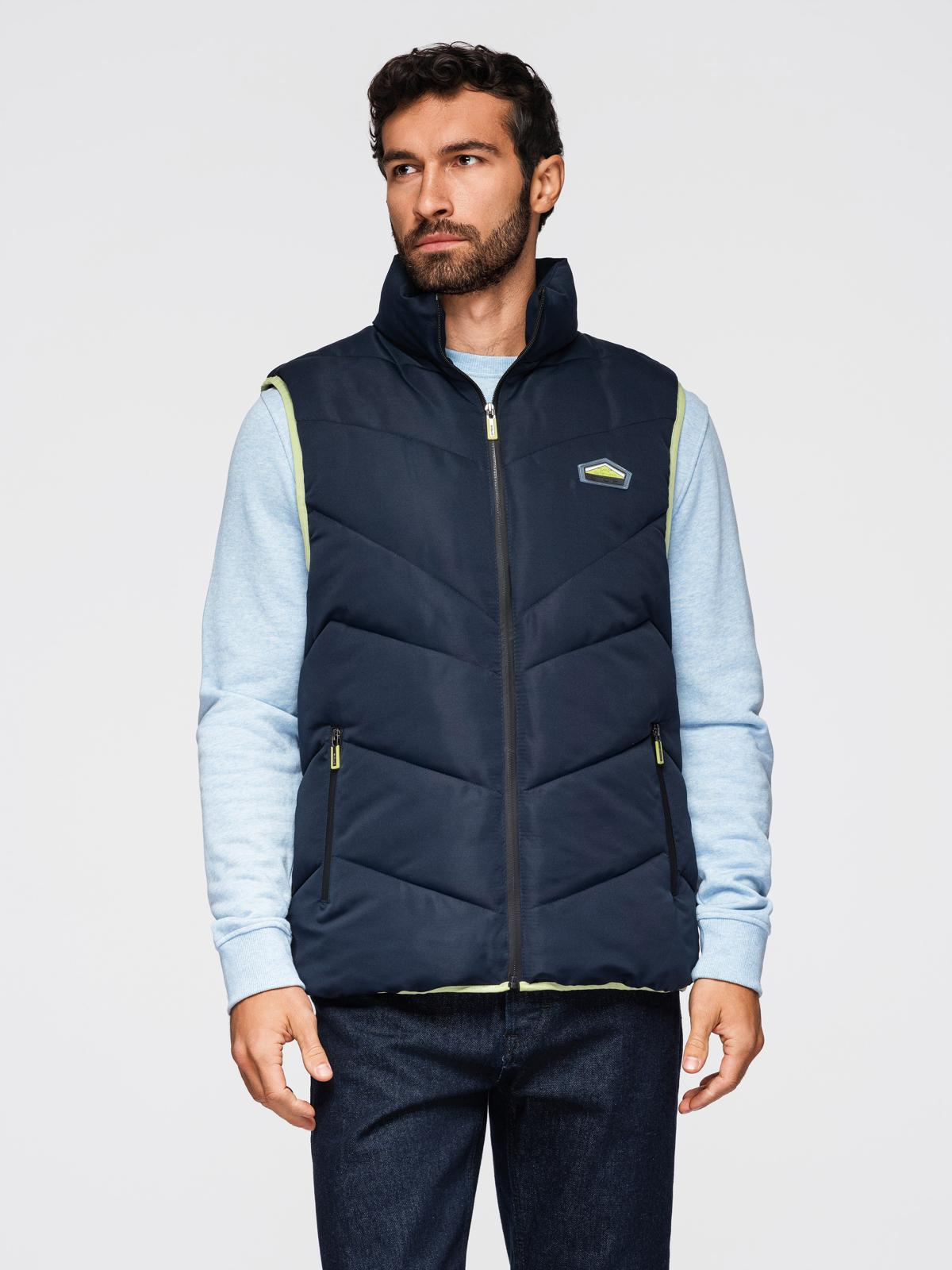 Ombre Men's quilted sleeveless jacket with neon accents - navy blue