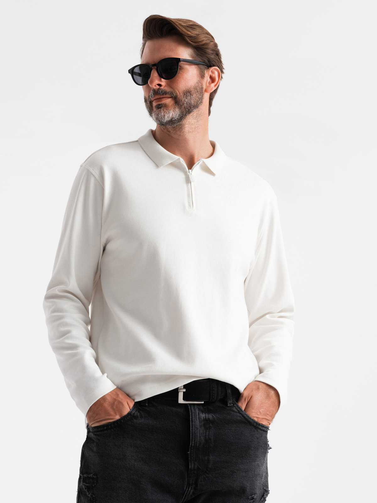 Ombre Men's Polo Longsleeve With Zippered Collar - White