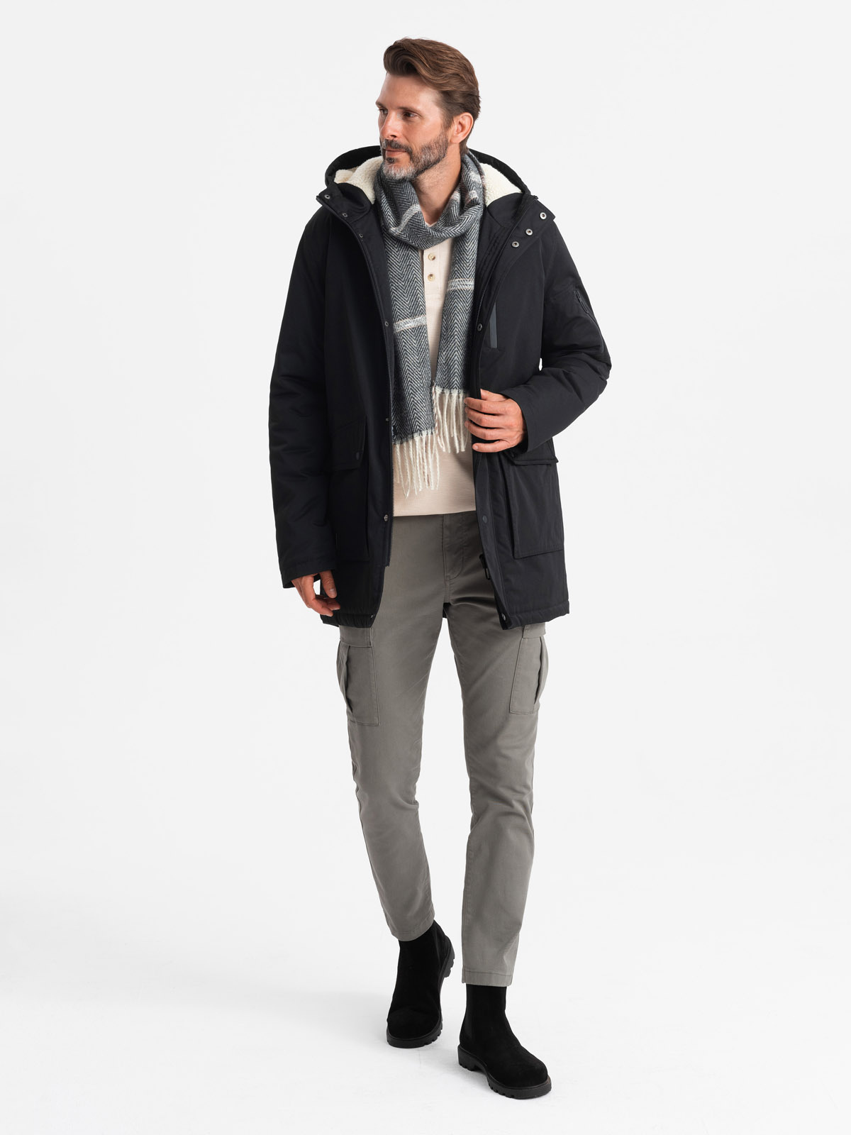 Ombre Męska długa kurtka parka sherpa – black