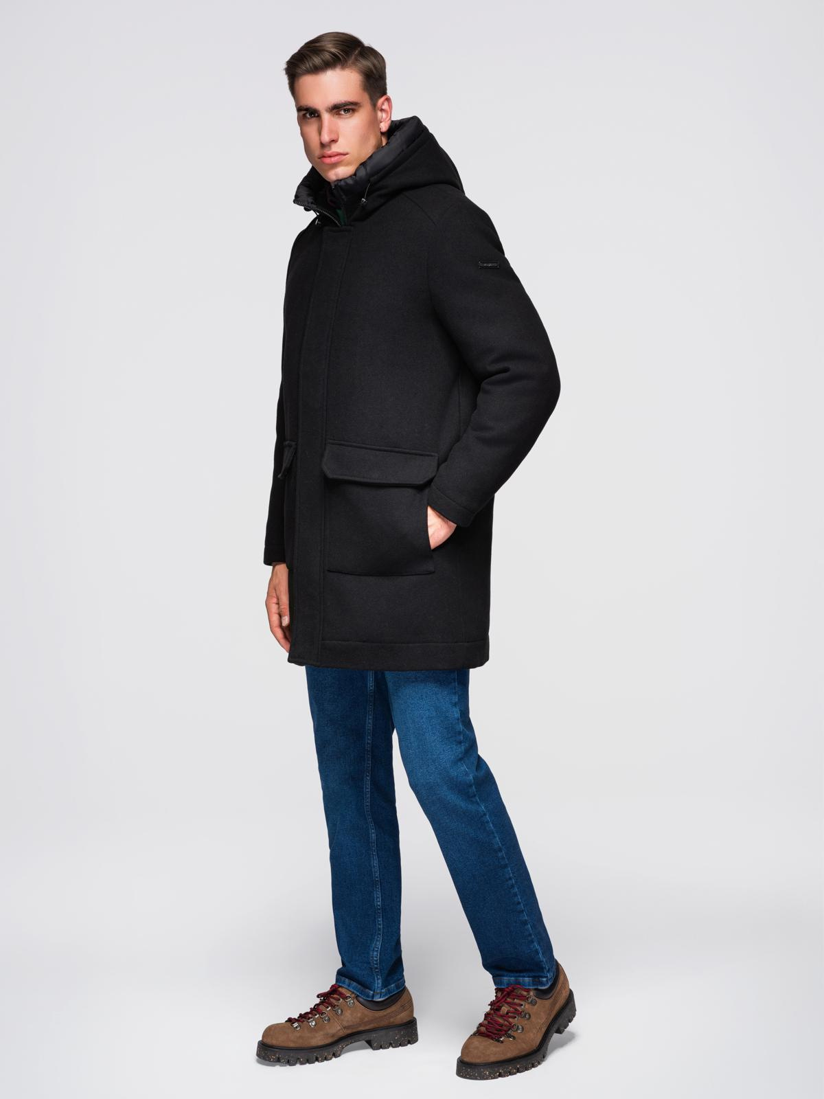 Ombre Men&#039;s parka coat with wool and hood - black