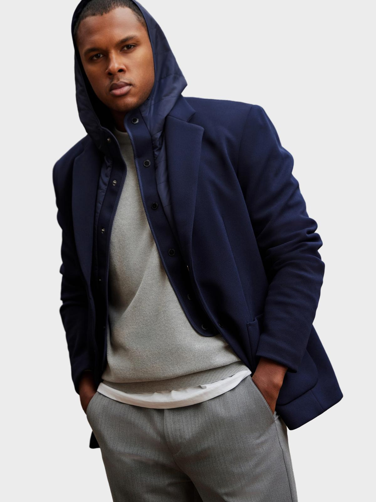 Ombre Men's jacket with hooded lining and high collar - navy blue