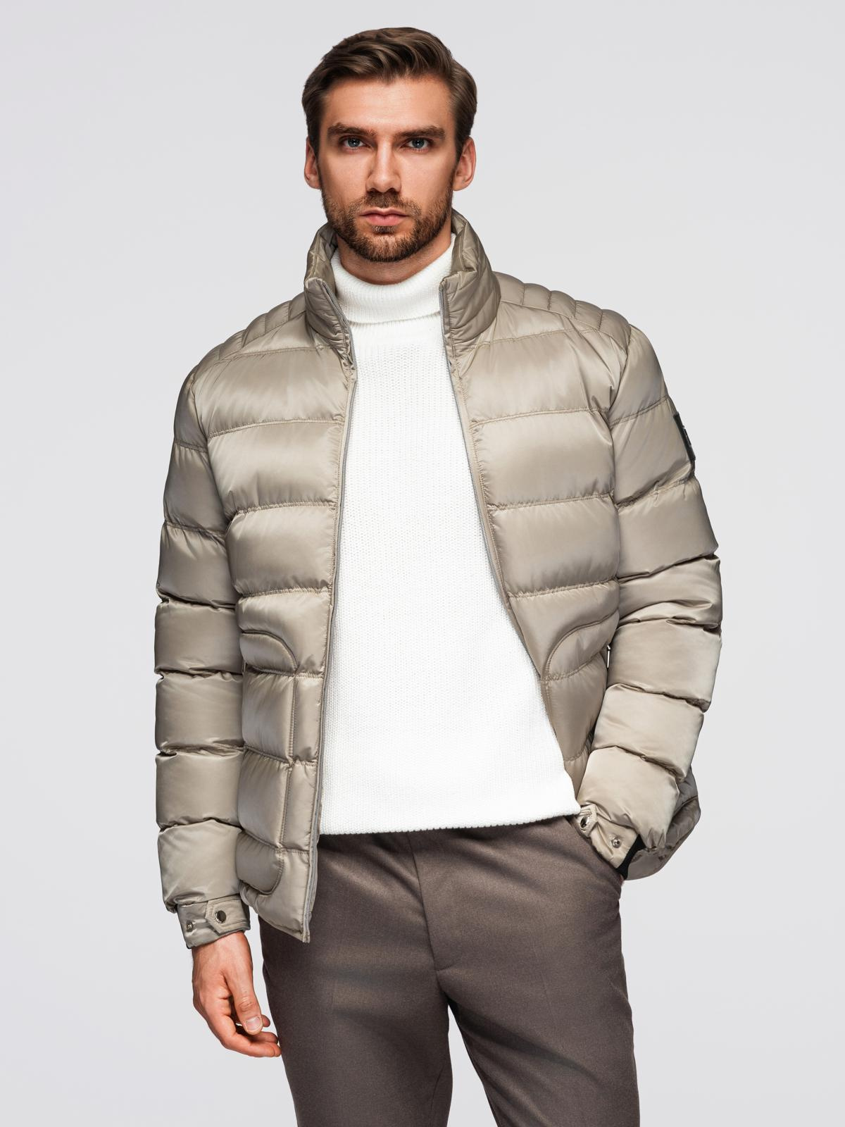 Ombre Men&#039;s quilted jacket with gloss and stand-up collar - light grey