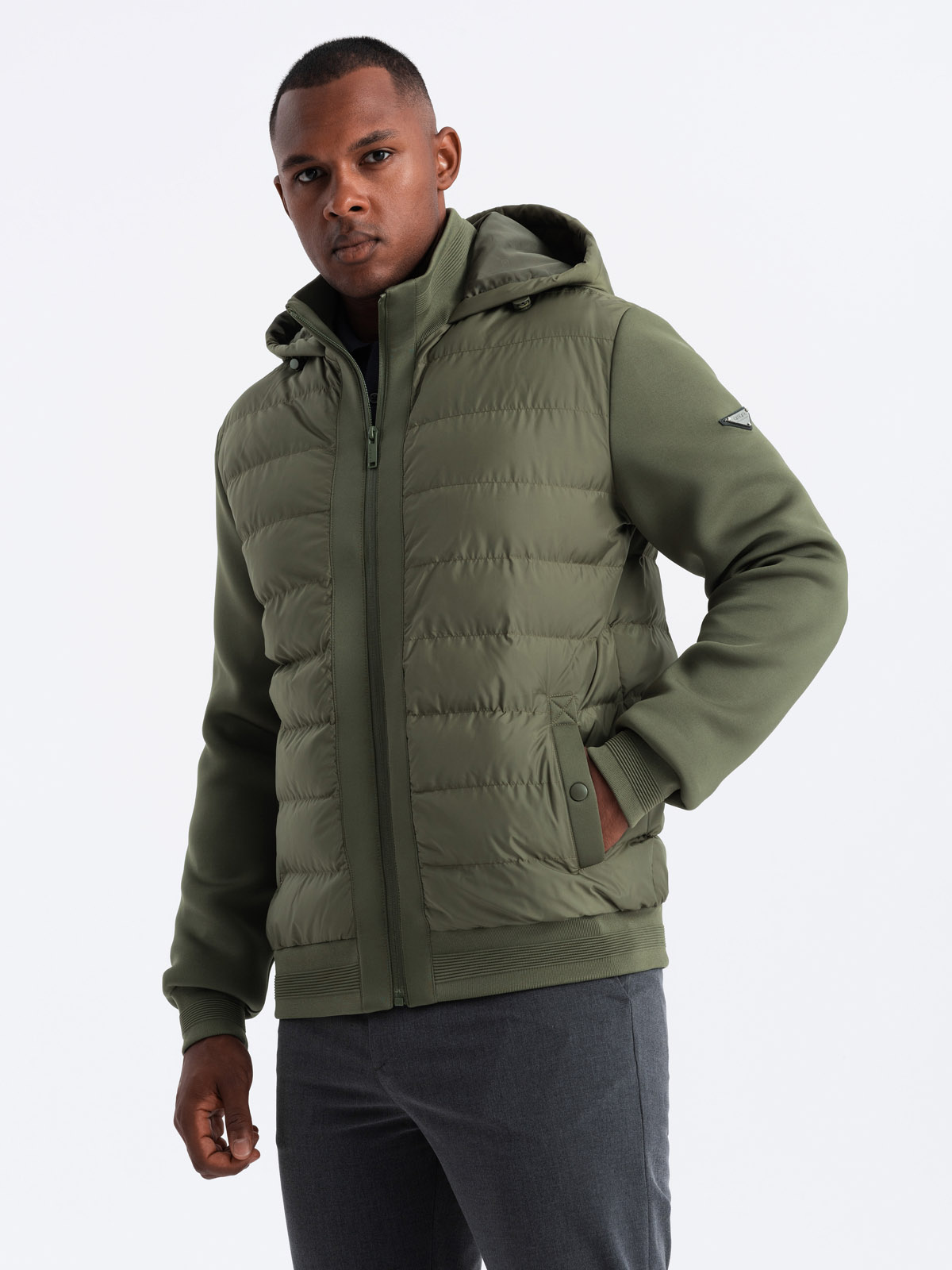 Ombre Men's quilted bomber jacket with high collar - dark olive green