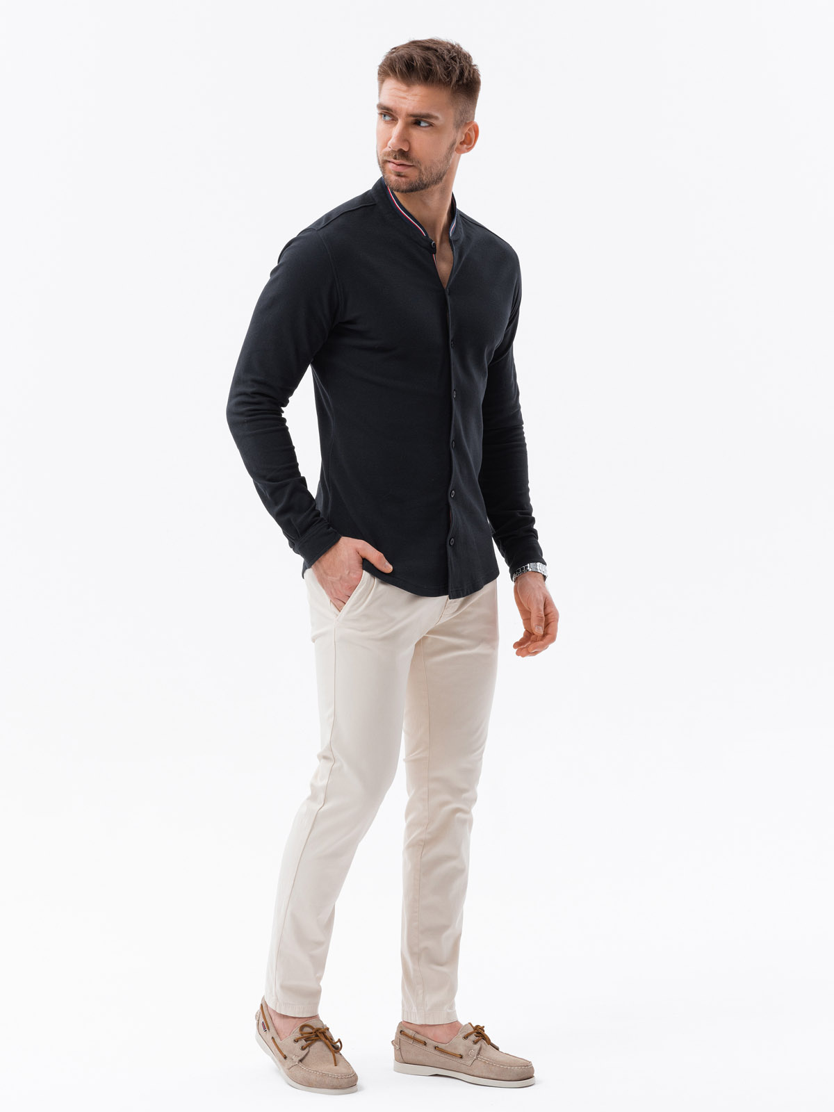 Ombre Men's cotton SLIM FIT shirt with stand-up collared collared stripes - black