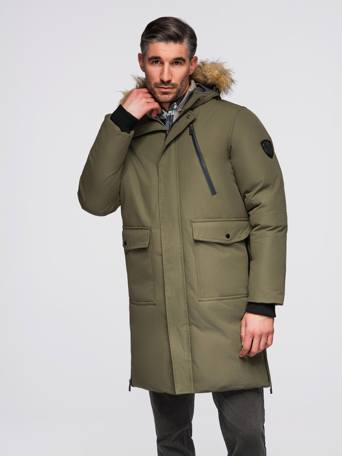Ombre Alaskan men's winter jacket with detachable fur from the hood - dark olive green