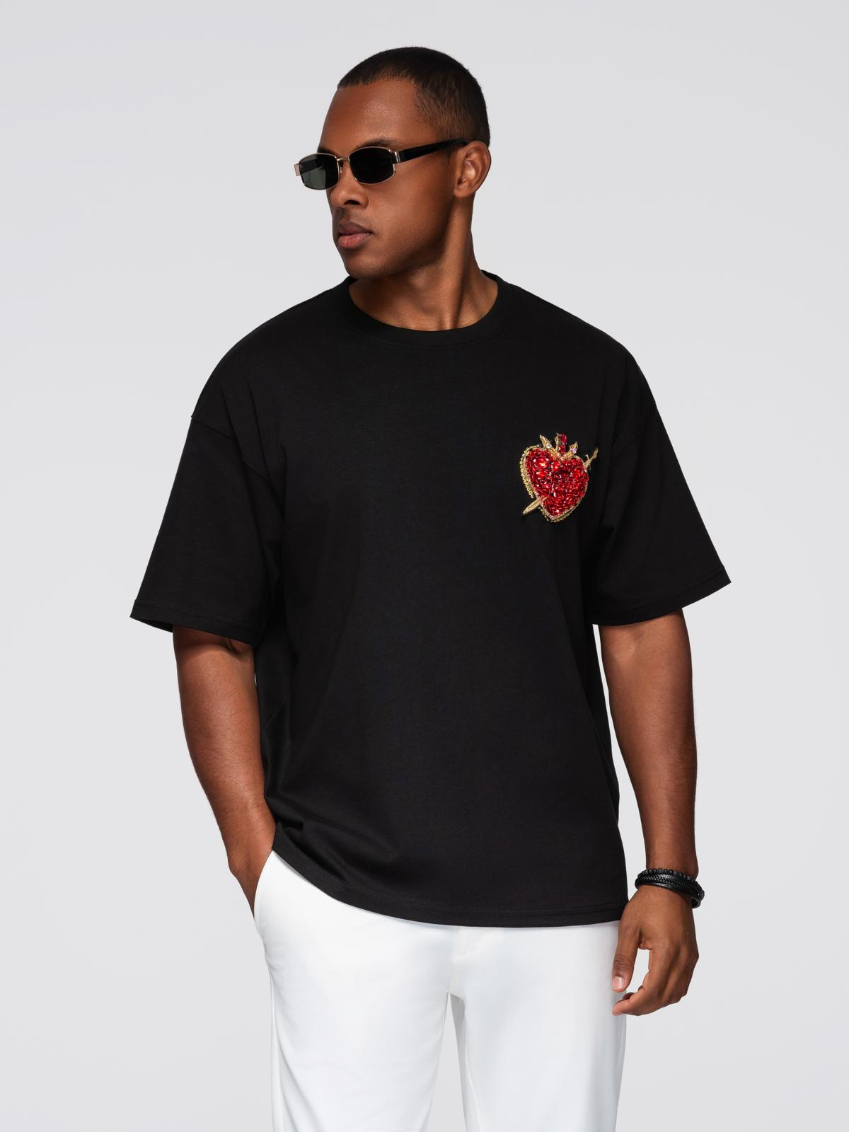 Ombre Men's cotton T-shirt with jewelry applique on chest - black