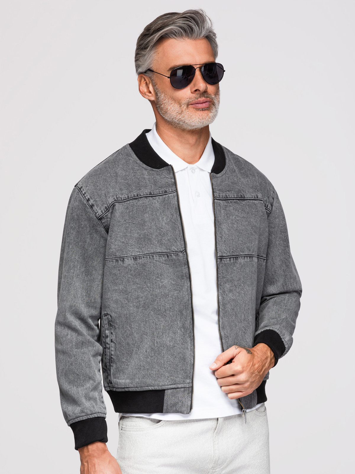 Ombre Men's denim bomber jacket with stone wash effect - grey