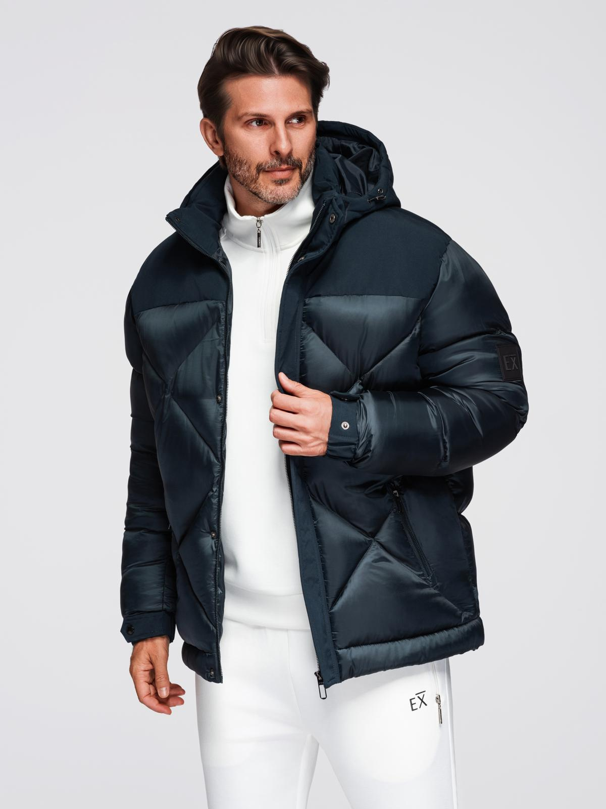 Ombre Men&#039;s hooded jacket with geometric diamond quilting - navy blue