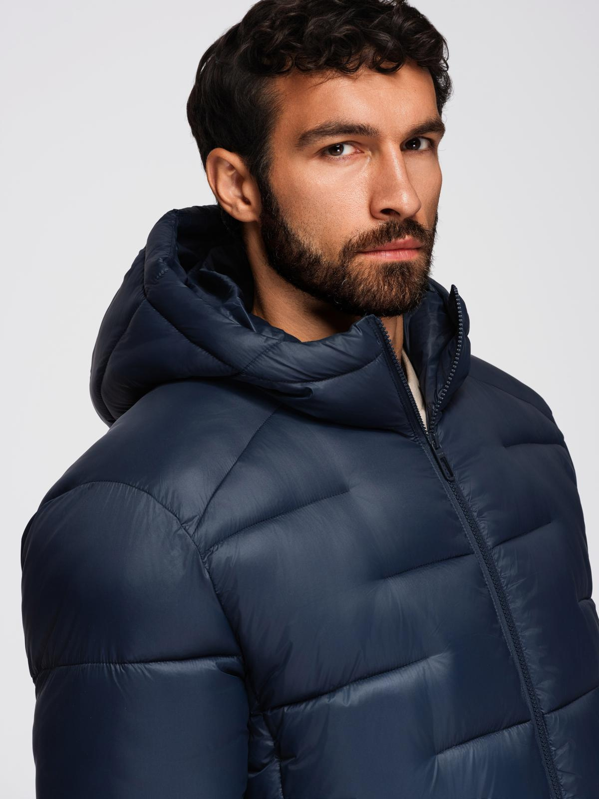 Ombre Men&#039;s quilted puffer jacket with hood - navy blue