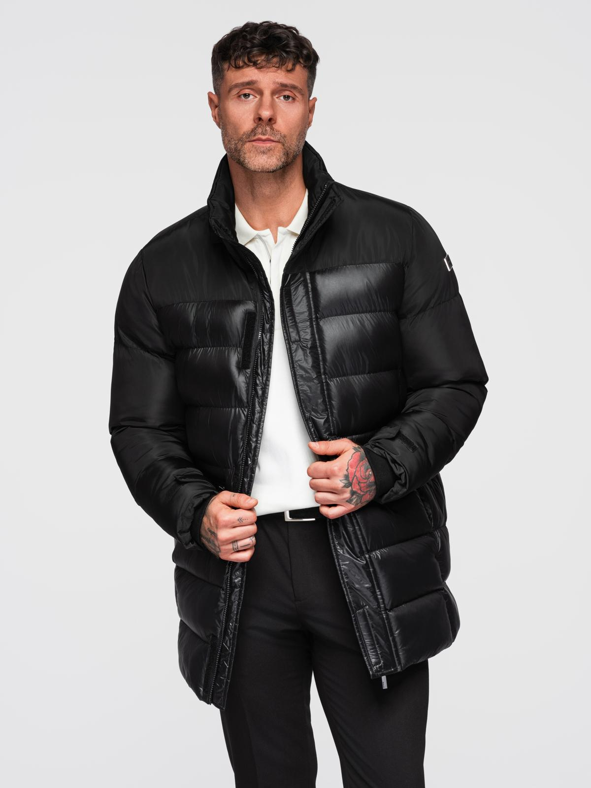 Ombre Men&#039;s quilted jacket with high collar and hood - black