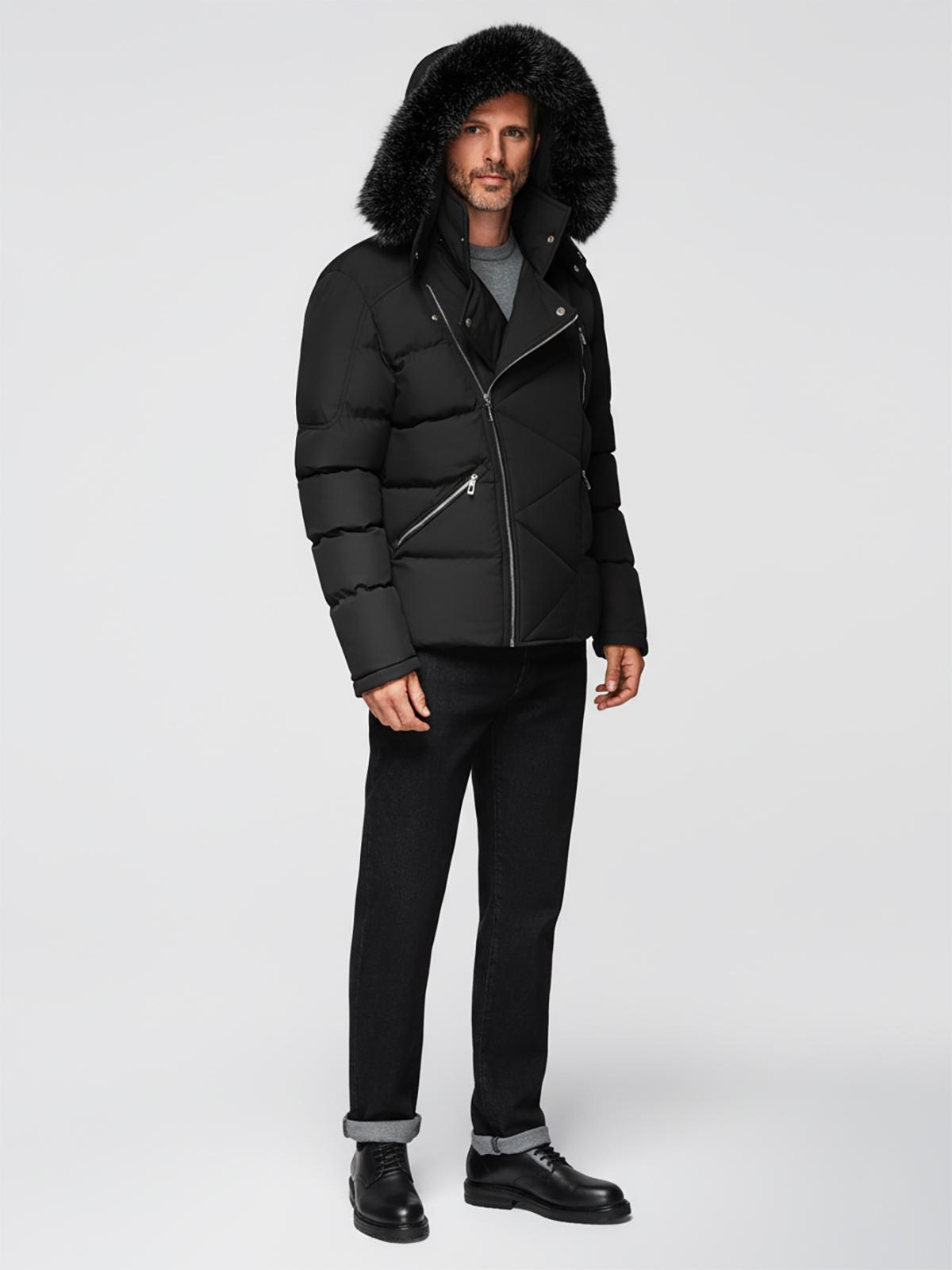 Ombre Men&#039;s quilted jacket with cut of ramoneski with hood - black