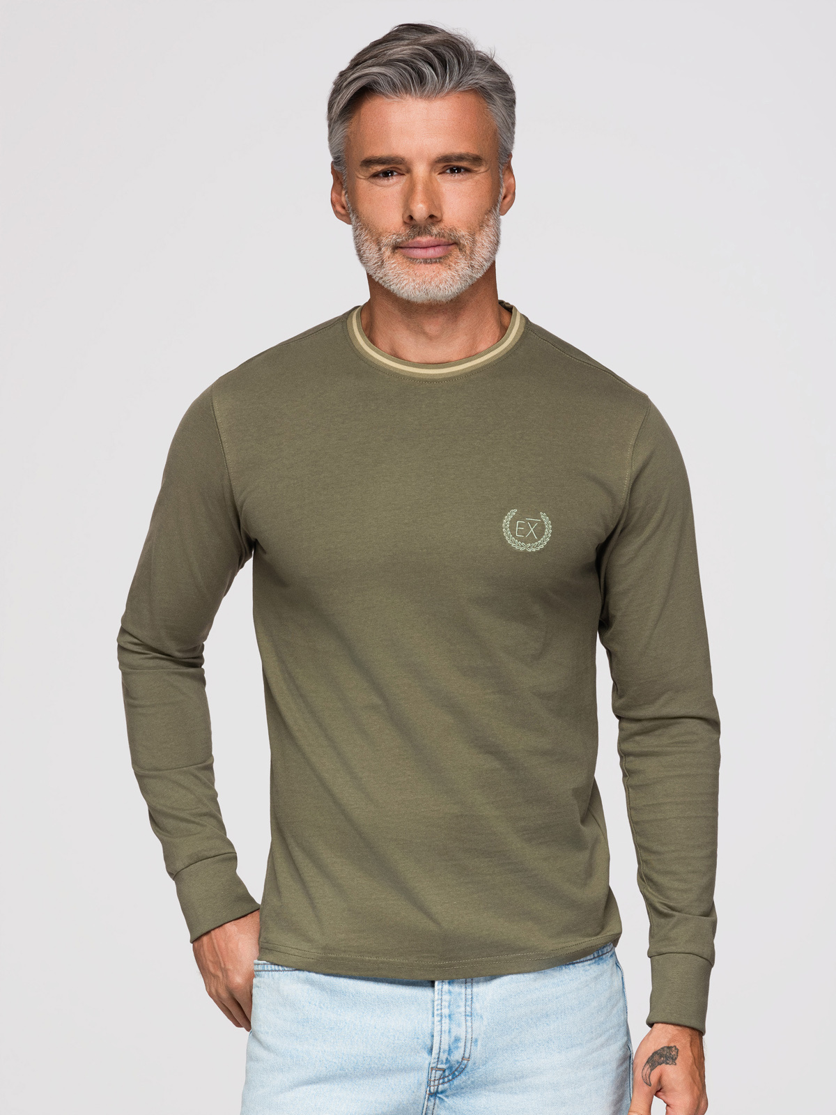 Ombre Men's cotton longsleeve with U neckline with stripes and embroidery - olive