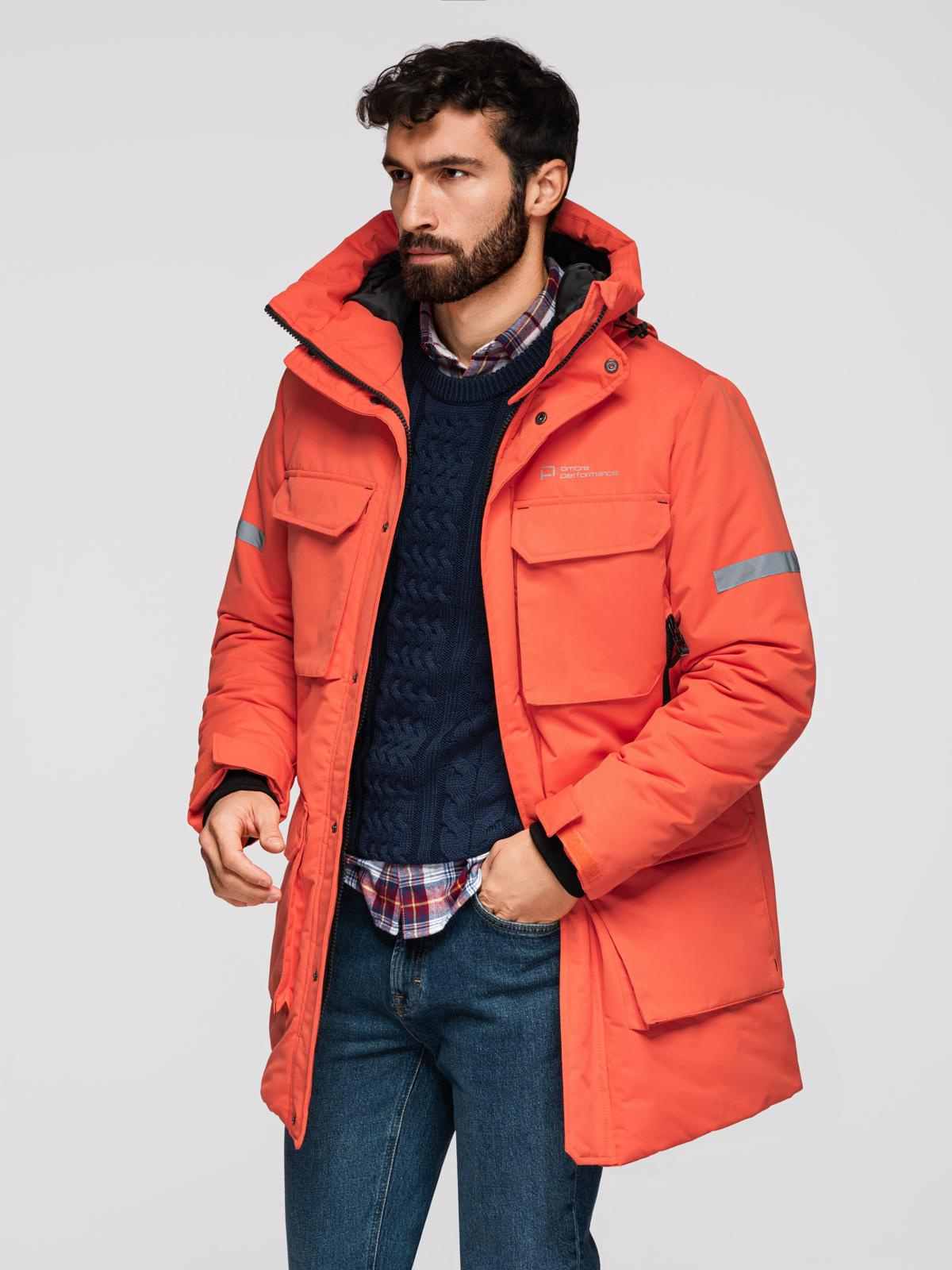 Ombre Men's long insulated jacket with reflective elements - orange