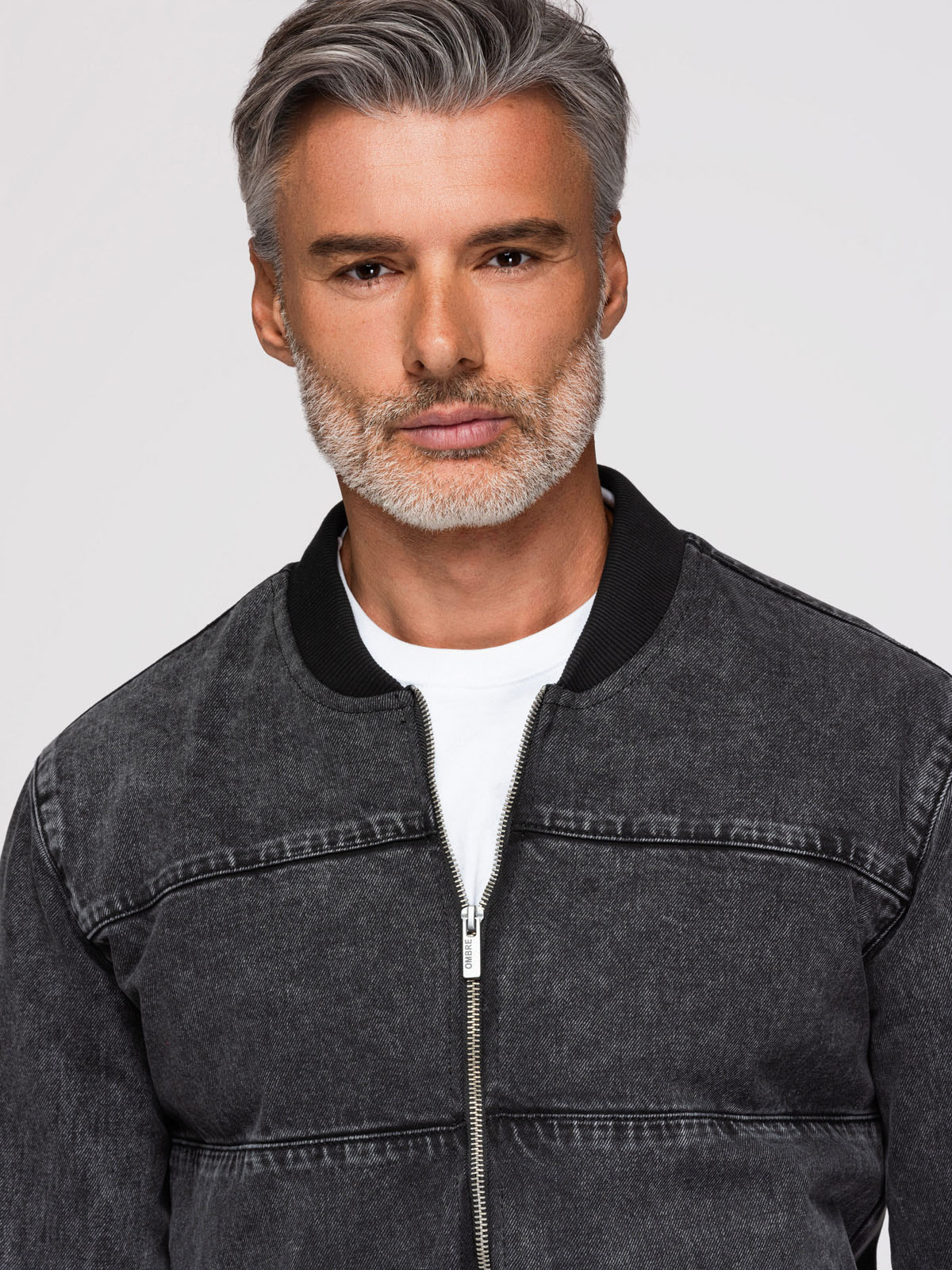 Ombre Men's denim bomber jacket with stone wash effect - black