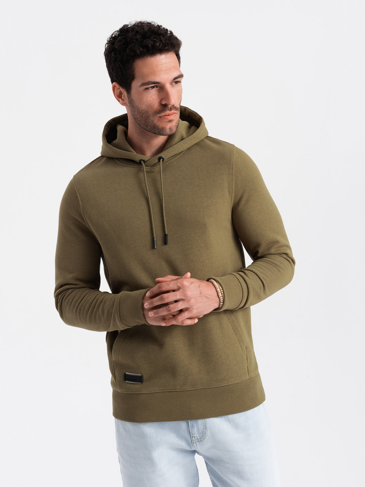 Ombre BASIC Men's Cotton Kangaroo Hooded Sweatshirt - Olive