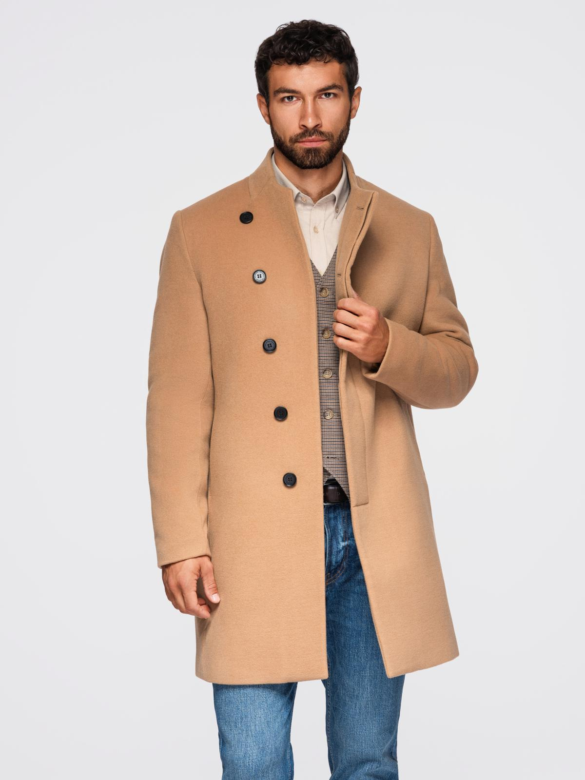 Ombre Men&#039;s coat with asymmetrical fastening and high collar - light brown