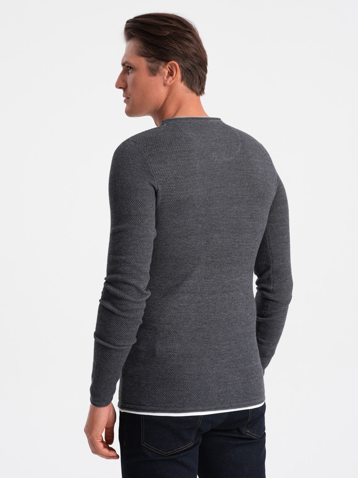 Ombre Men's cotton sweater with round neckline - graphite melange