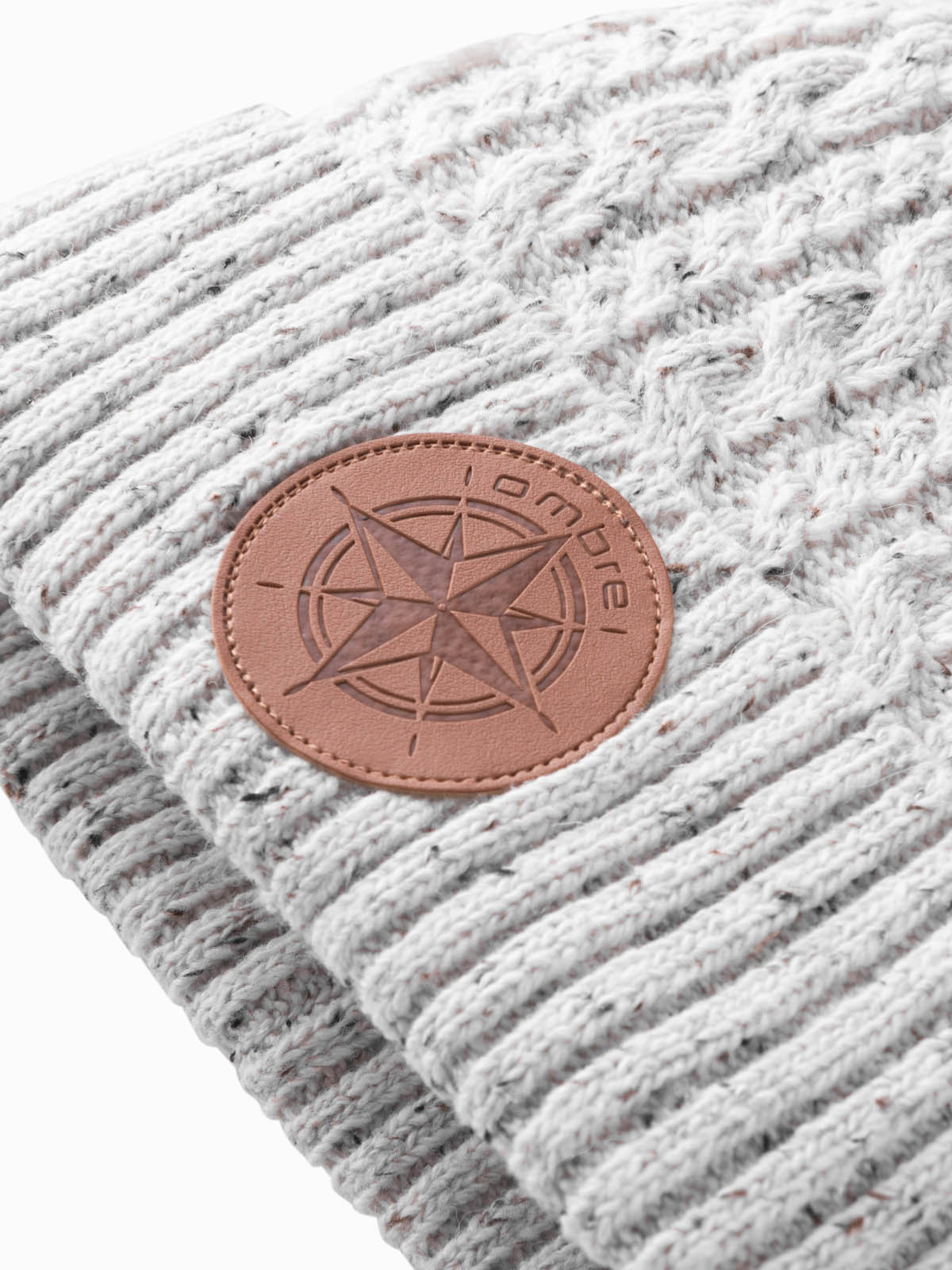 Ombre Men's beanie cap with round embossed patch - broken white
