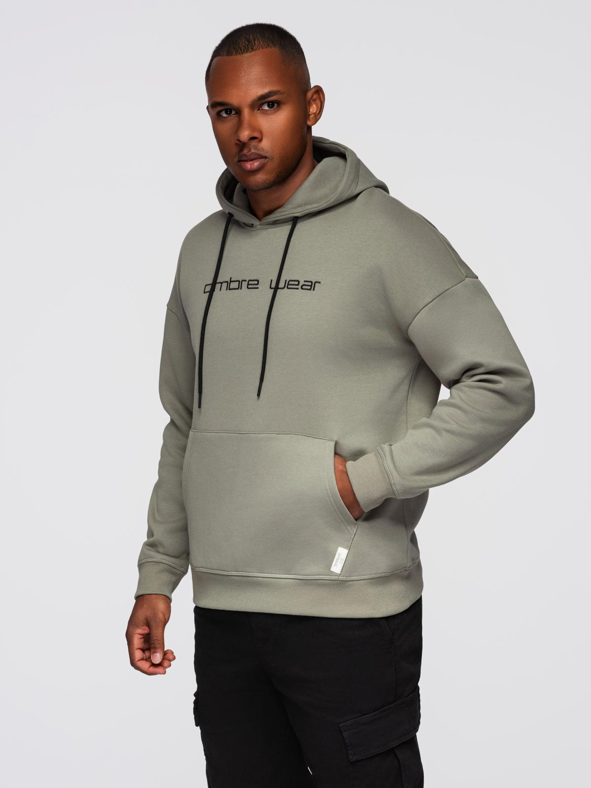 Ombre Men's kangaroo sweatshirt with embroidery and hood - khaki