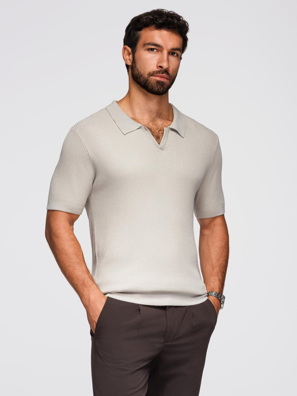 Ombre Men's buttonless polo shirt with open collar - light grey