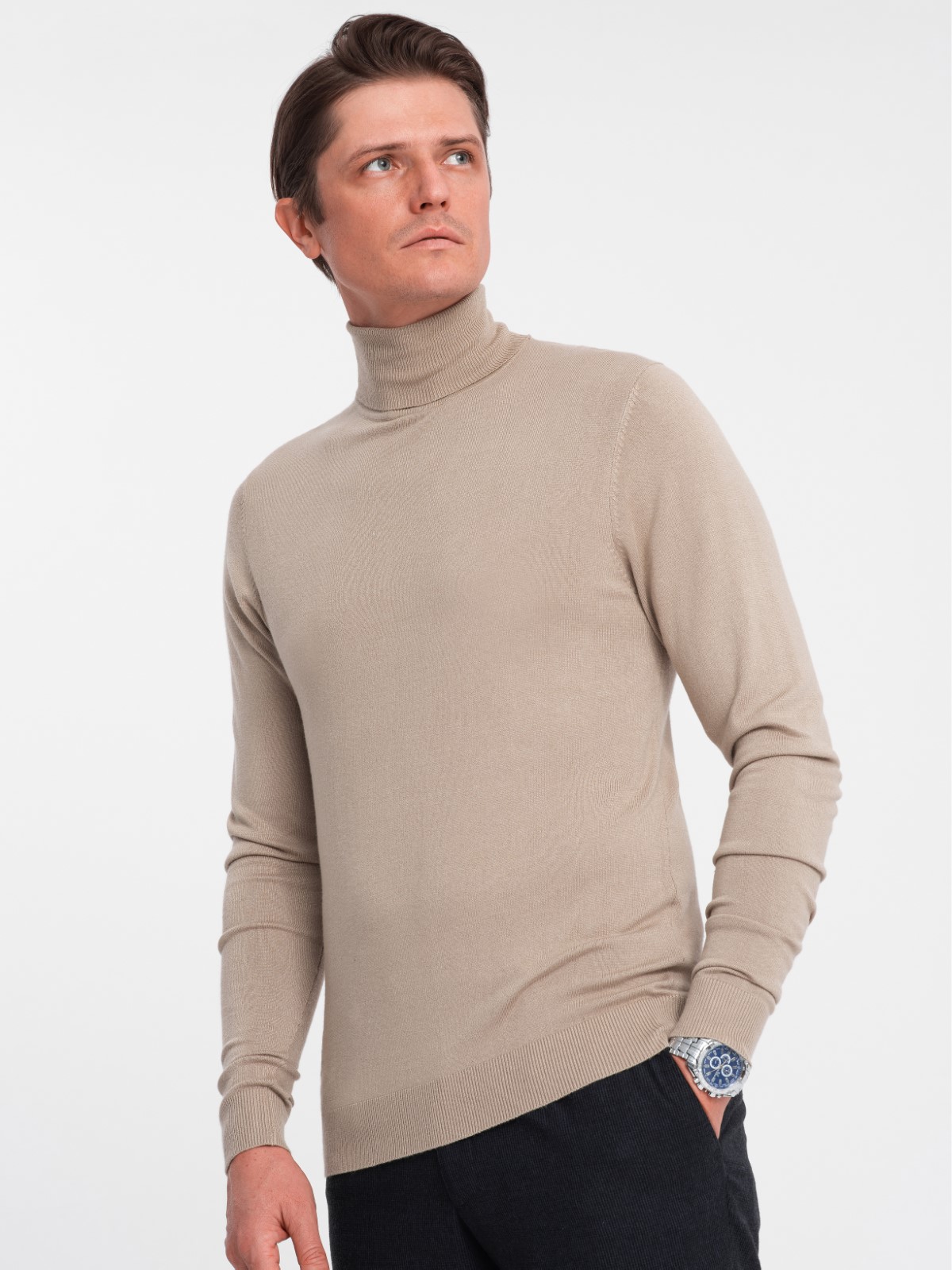 Levně Ombre Men's knitted fitted turtleneck with viscose - beige