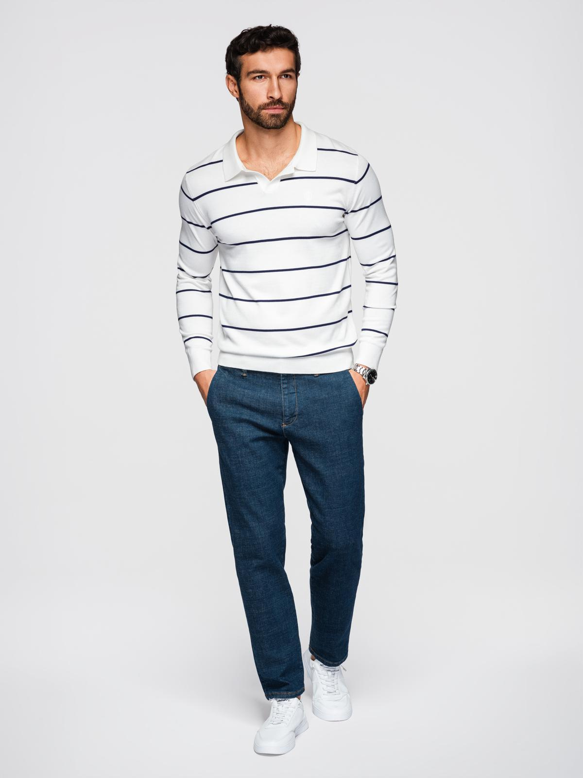 Ombre Men's horizontal striped polo longsleeve with viscose - white and navy blue