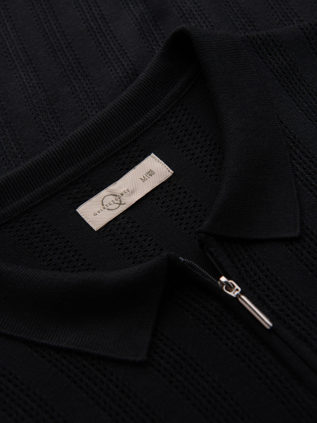 Ombre Men's openwork polo shirt with zipper at neckline - black