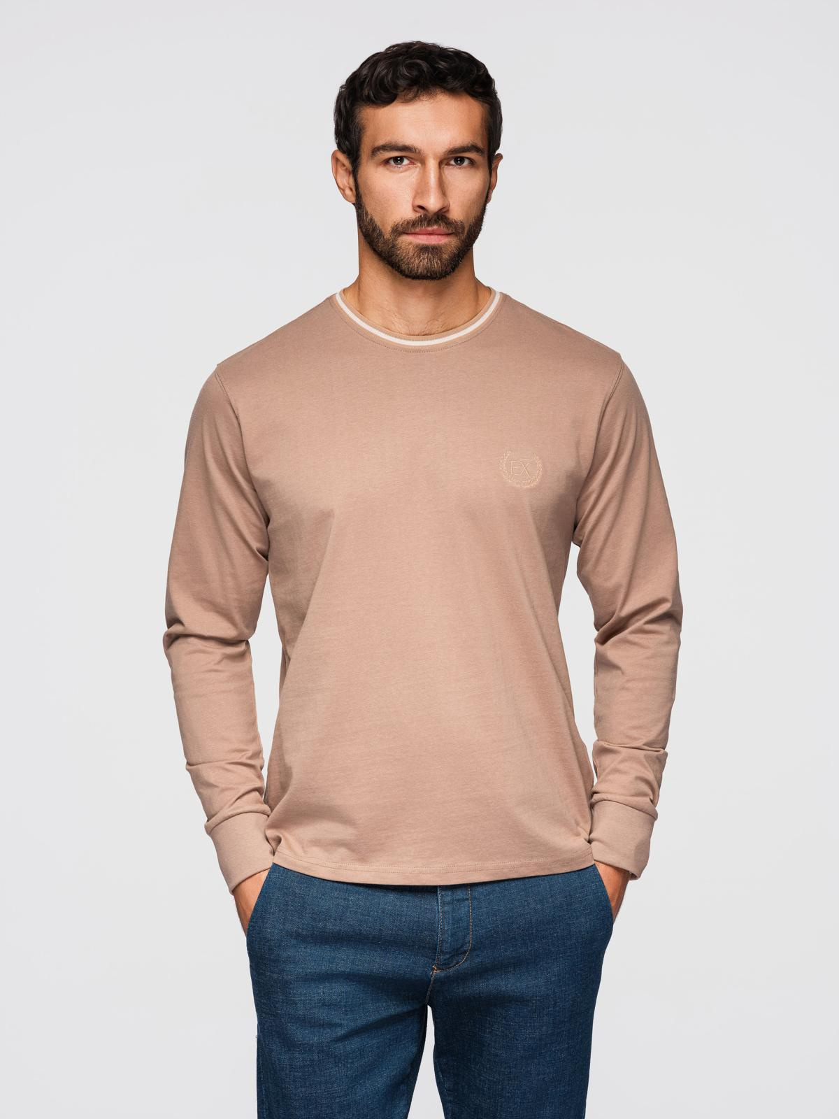 Ombre Men's cotton longsleeve with striped U neckline and embroidery - brown