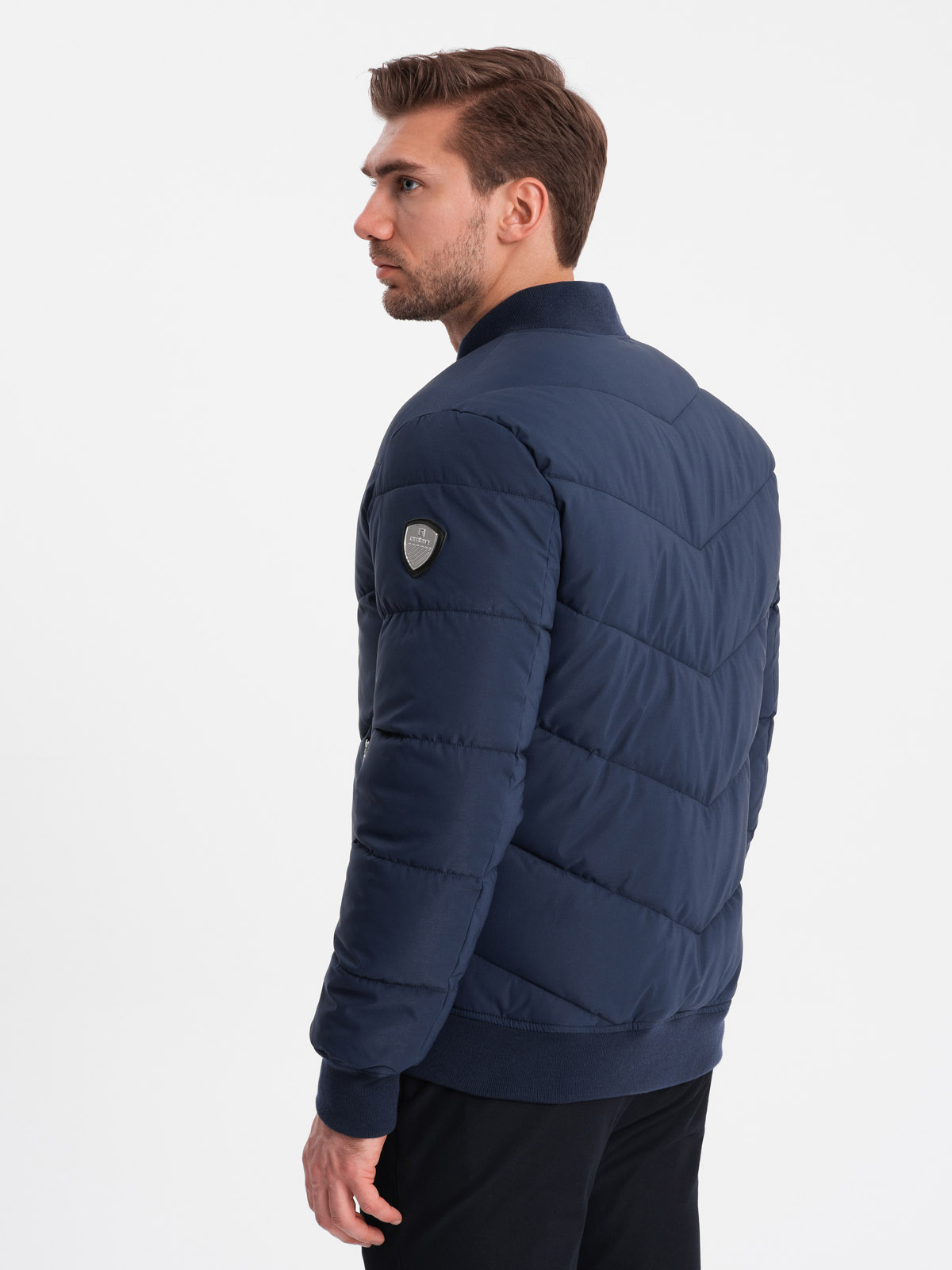 Ombre Men&#039;s quilted bomber jacket with metal zippers - navy blue