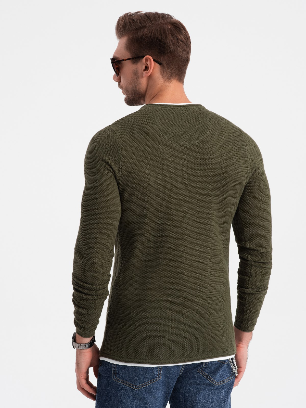 Ombre Men&#039;s cotton sweater with round neckline - dark olive