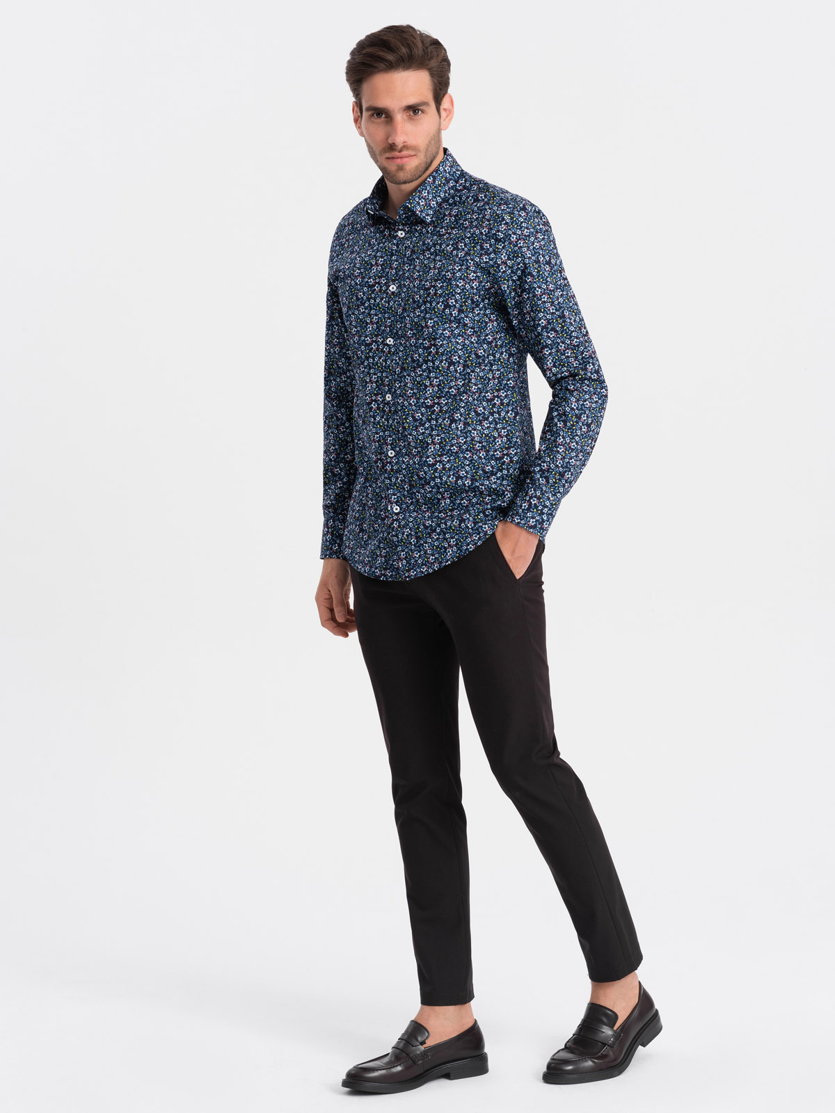 Ombre Men's SLIM FIT Patterned Cotton Shirt - Dark Blue