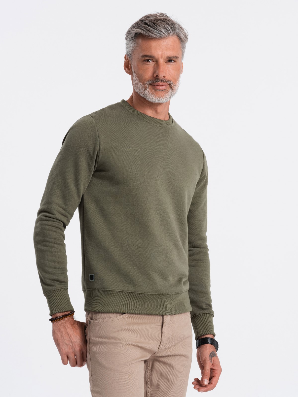 Levně Ombre BASIC men's hoodless sweatshirt - dark olive green