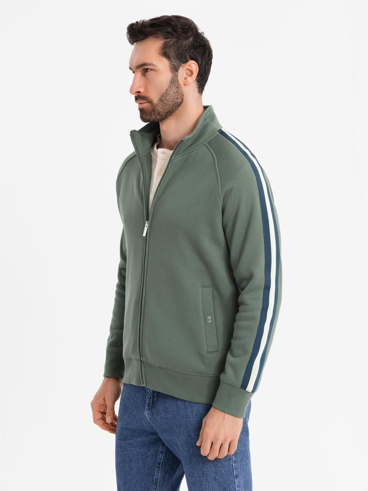 Ombre Men's sweatshirt with high collar and stripes - olive