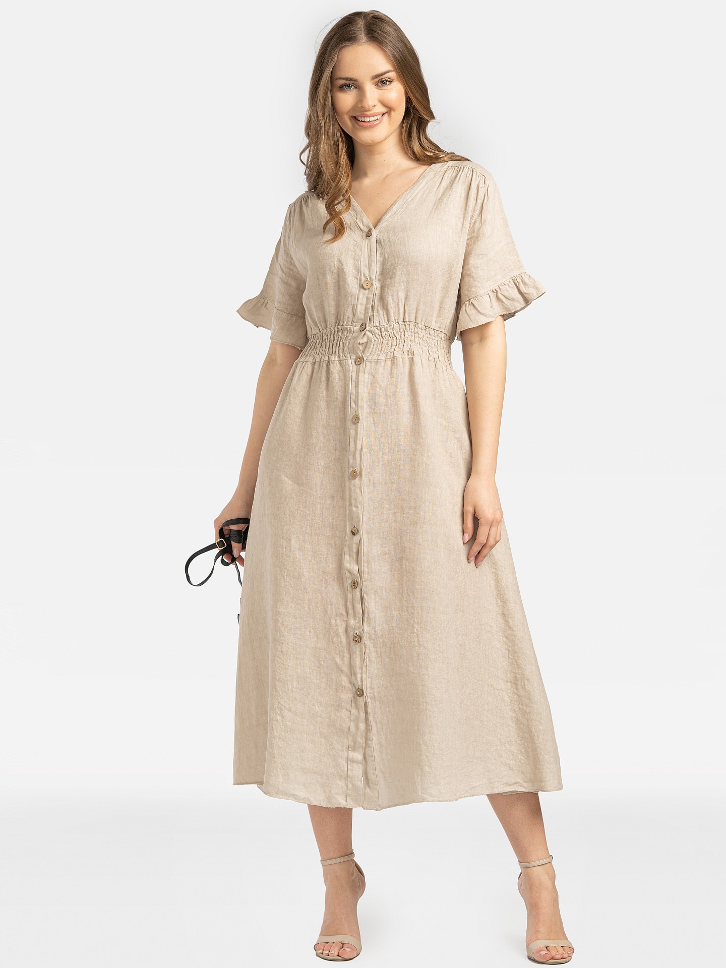 Дамска ленена миди рокля с копчета