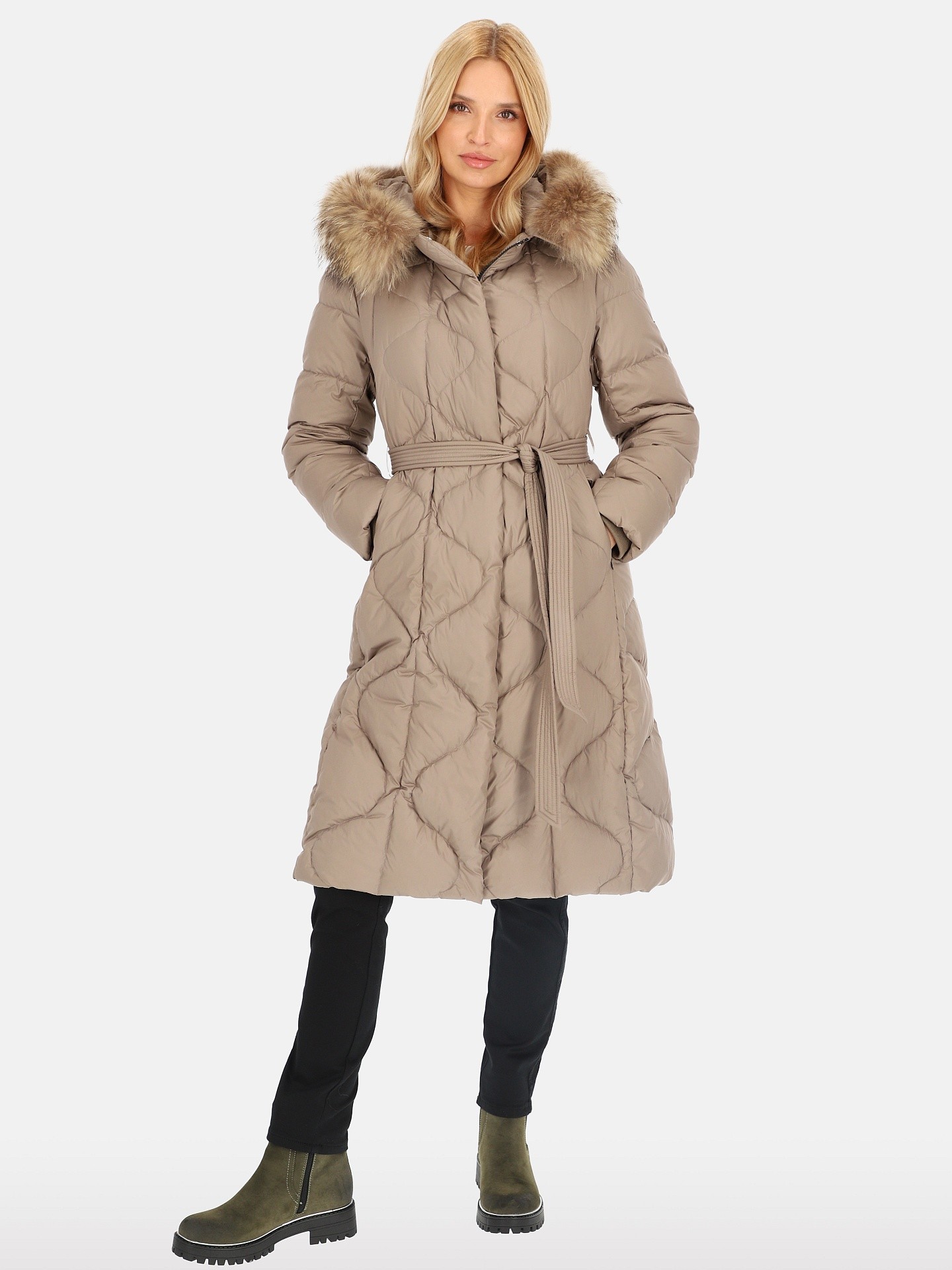 PERSO Woman's Women's long tied real down coat with raccoon fur , beige color