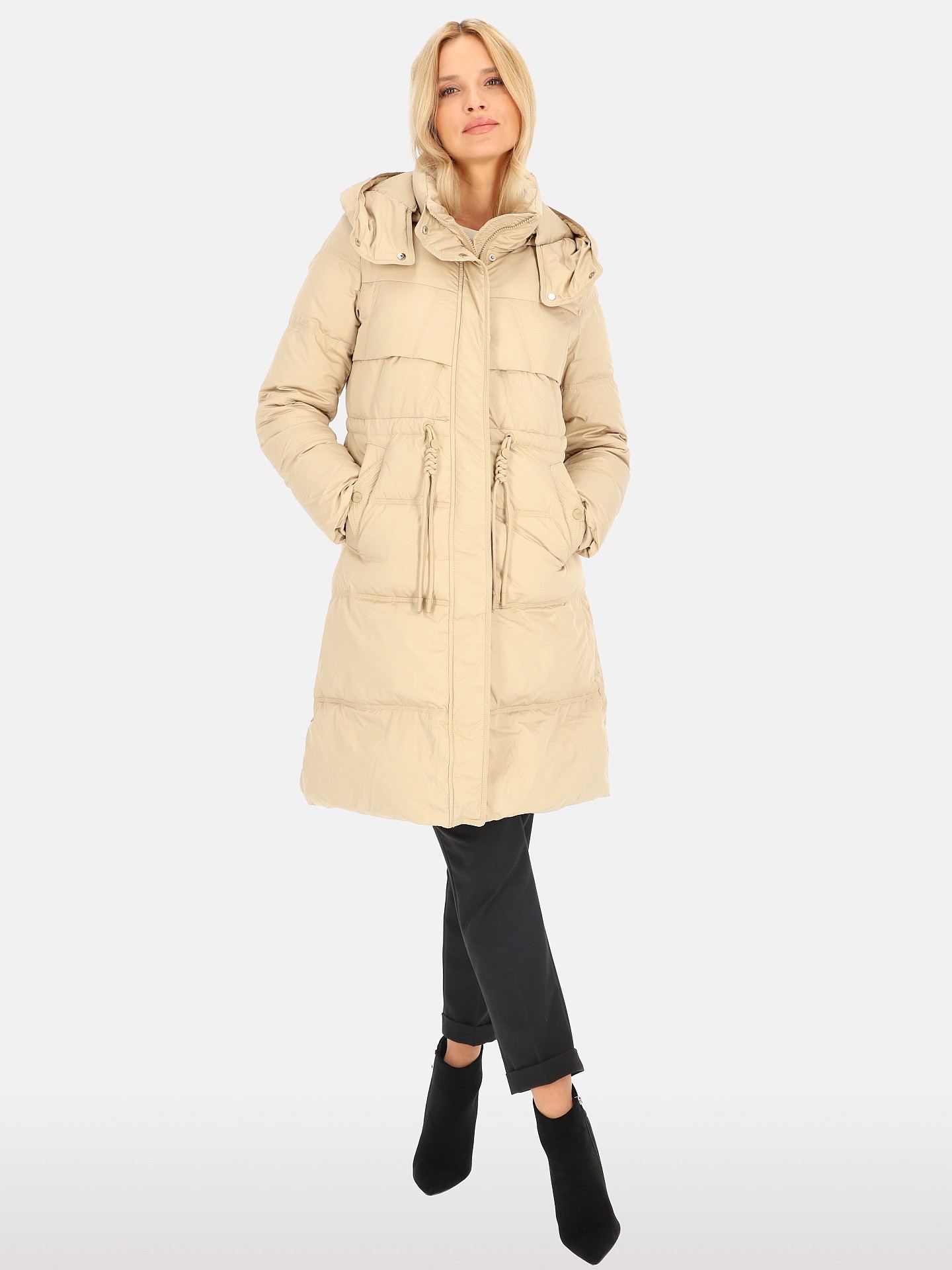 PERSO Woman's Women's long real down jacket decorated with strings, beige color