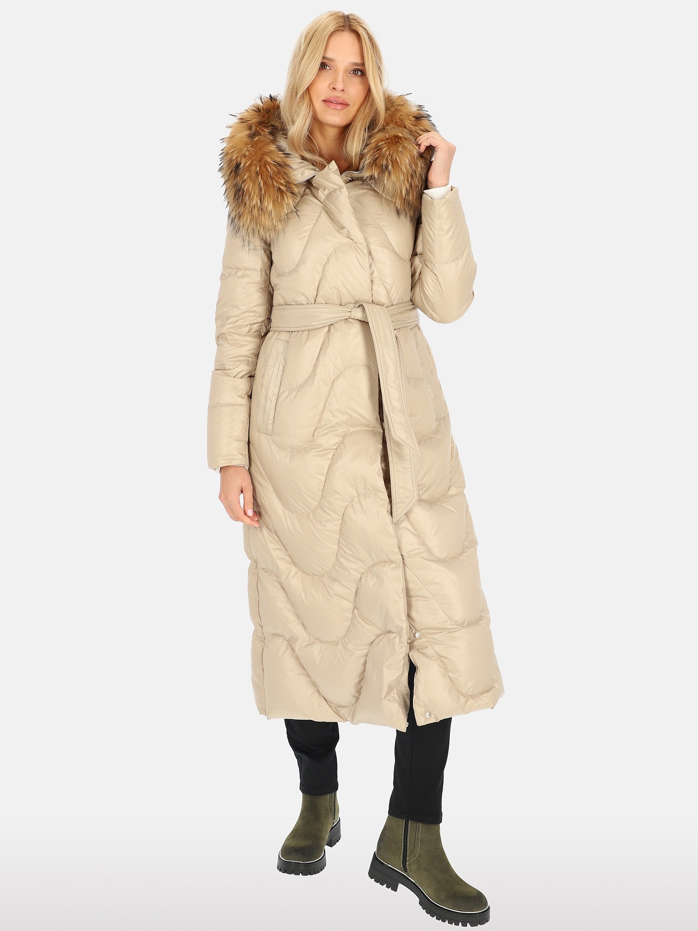 PERSO Woman's Women's coat tied with natural fur, beige color