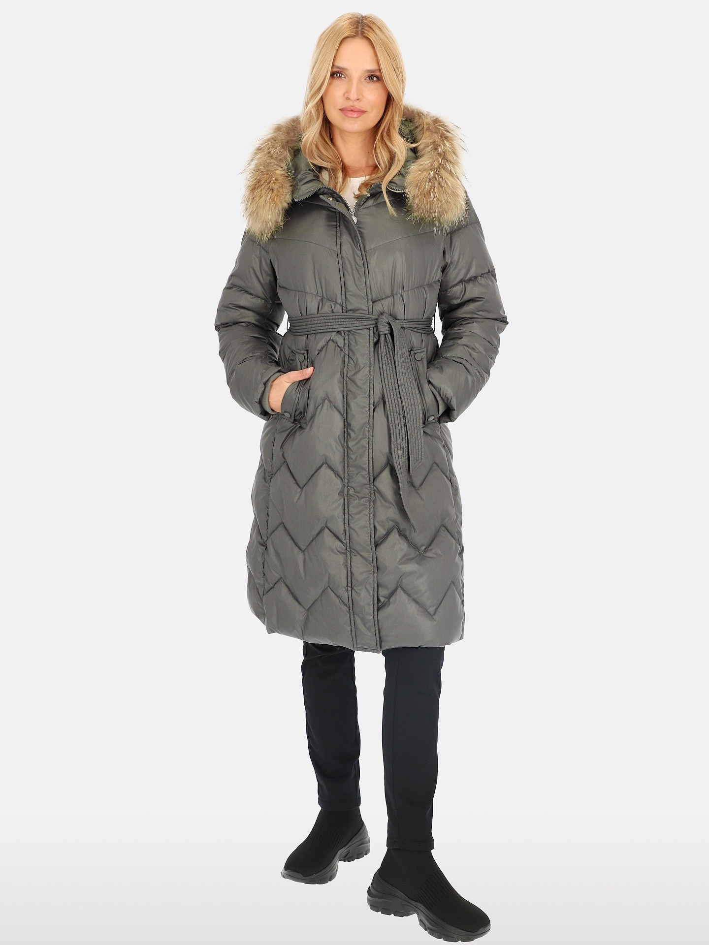 PERSO Woman's Knee-length women's real down coat with raccoon fur, dark olive color