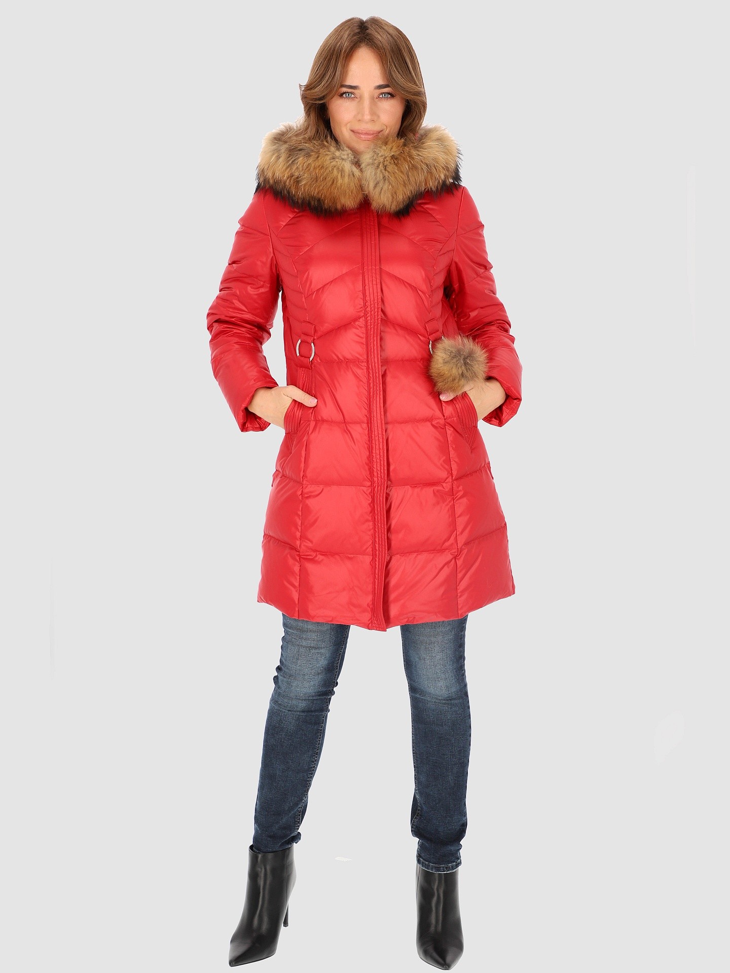 PERSO Woman's Women's fitted real down jacket above the knee with raccoon fur