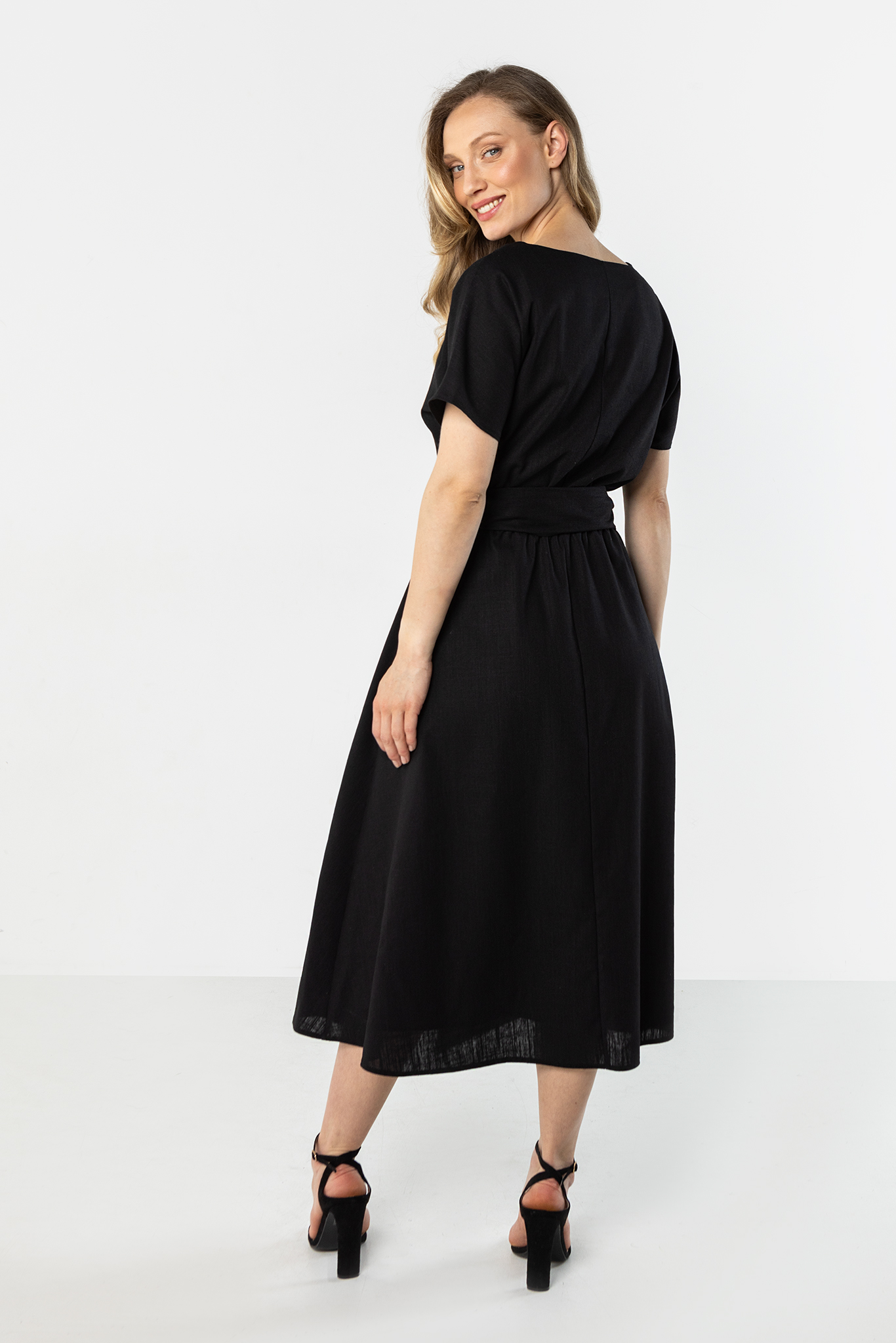 Linen Midi Šaty s viazaním v páse
