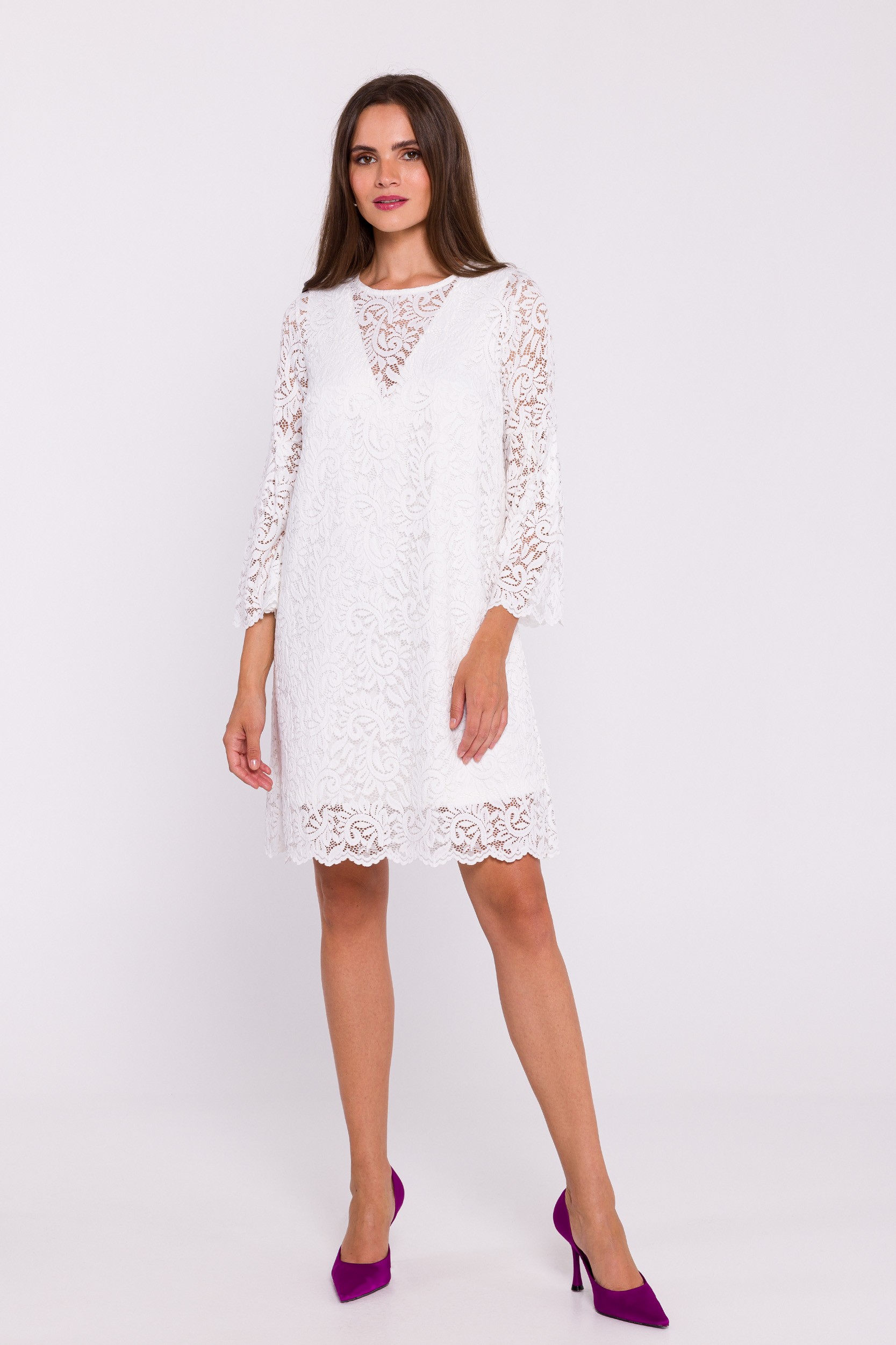 Stylove Woman's Trapeze shaped lace dress - ecru