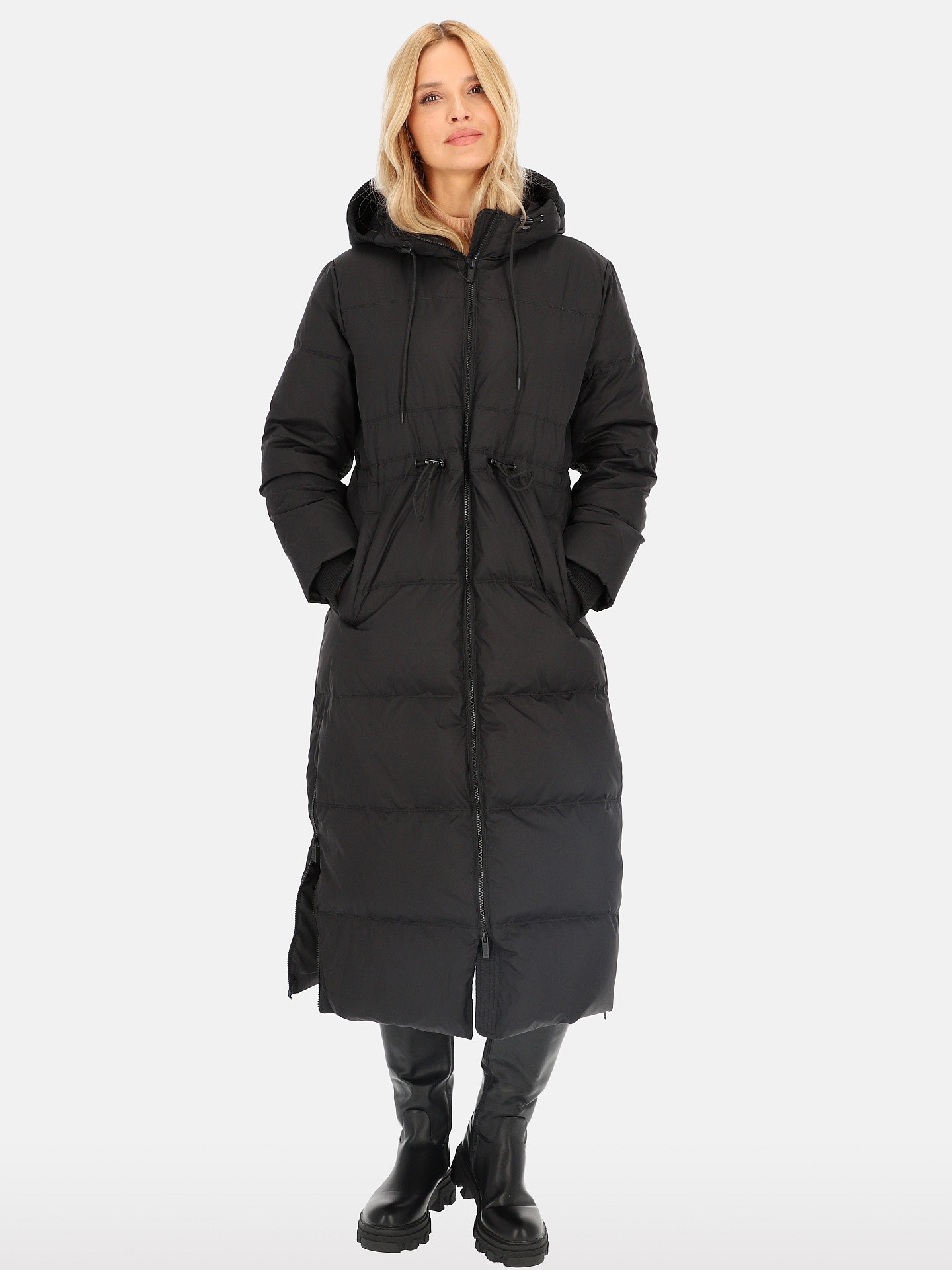 PERSO Woman's Women's long real down jacket with a zipper , black color
