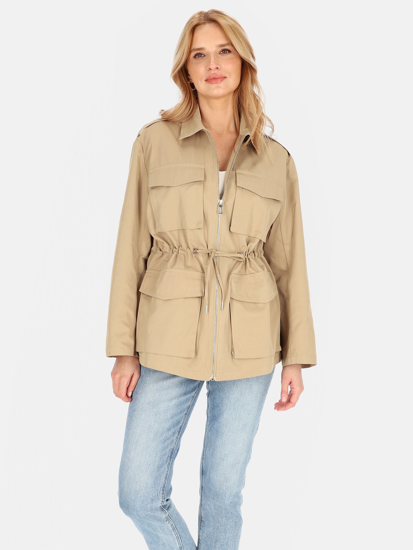 Дамско бежово преходно яке с колан