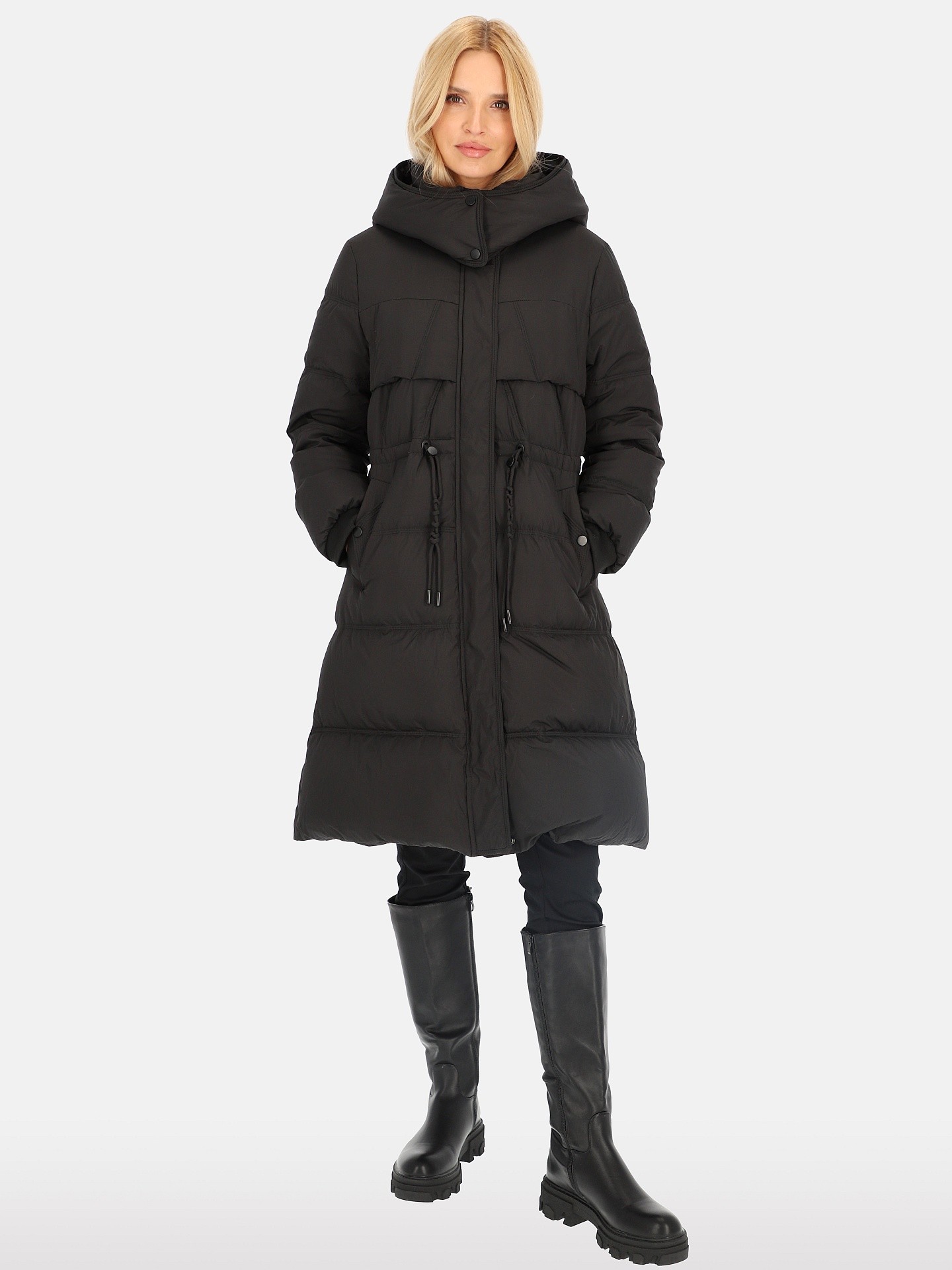 PERSO Woman's Women's long real down jacket decorated with strings, black color